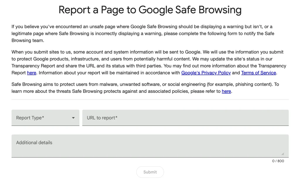 Screenshot of phishing website report form from Google Safe Browsing