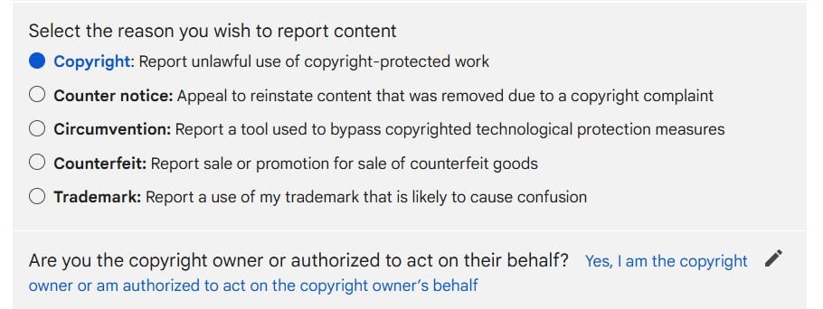 Screenshot of Google's legal report form showing type of intellectual property infringements