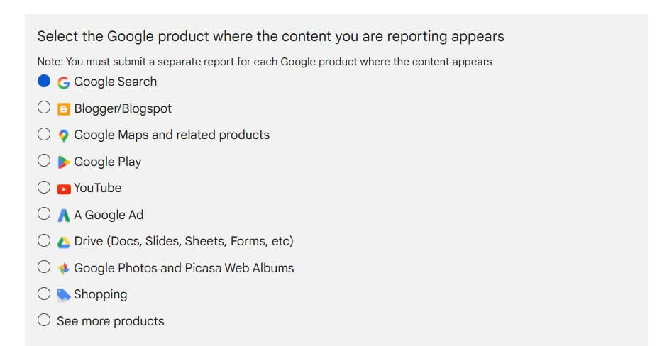 Screenshot of Google's legal report form asking where the content exists