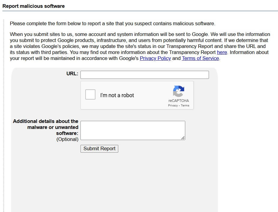 Screenshot of Google's malware reporting tool
