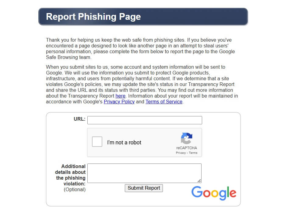 Screenshot of Google's phishing report tool