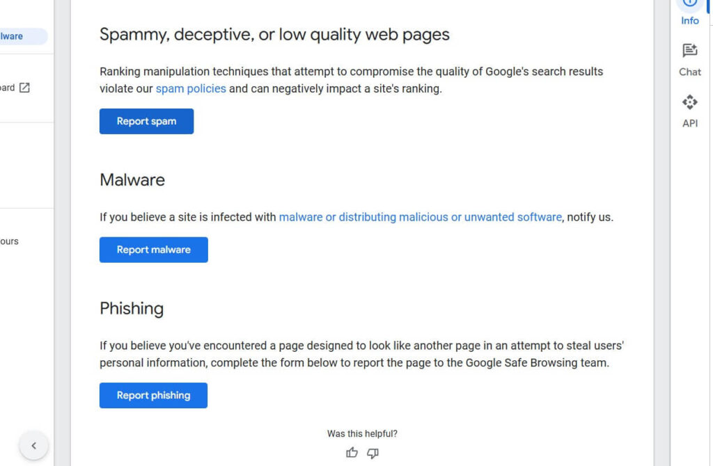 Screenshot of Google's policy reporting tools for spam, malware, and phishing