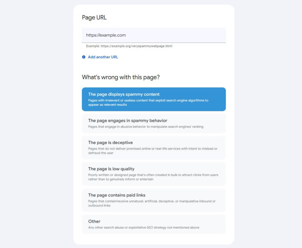 Screenshot of Google's spam report tool asking the reason for the report