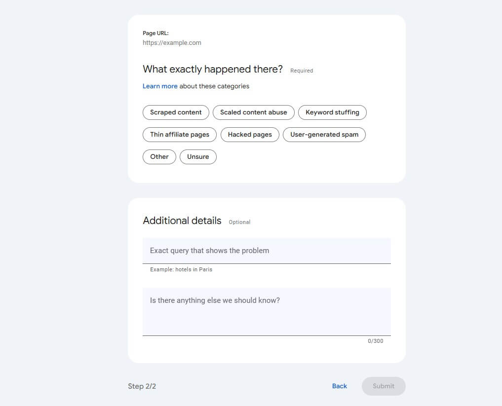 Screenshot of Google's spam reporting tool asking for more details about the page