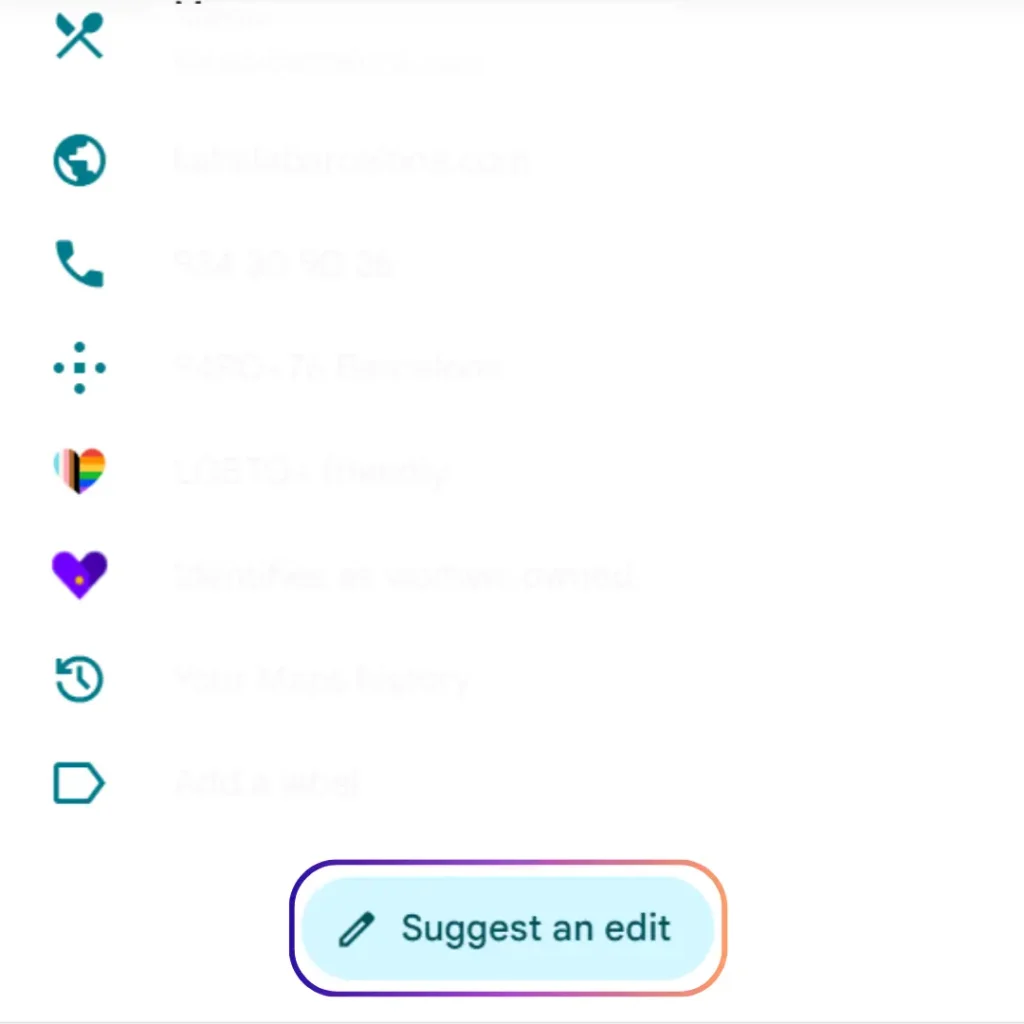 Screenshot of a location in Google Maps, with the "suggest an edit" button highlighted.