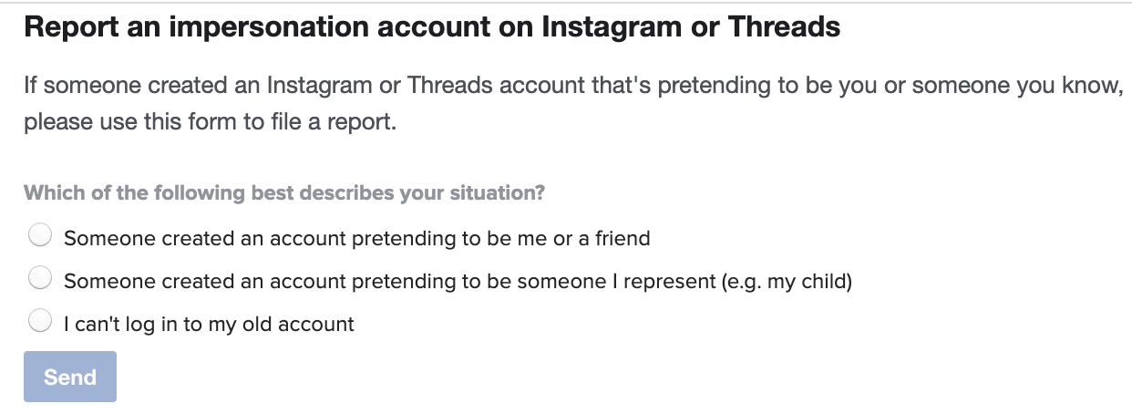 Screenshot of the first section of Instagram's impersonation report form.