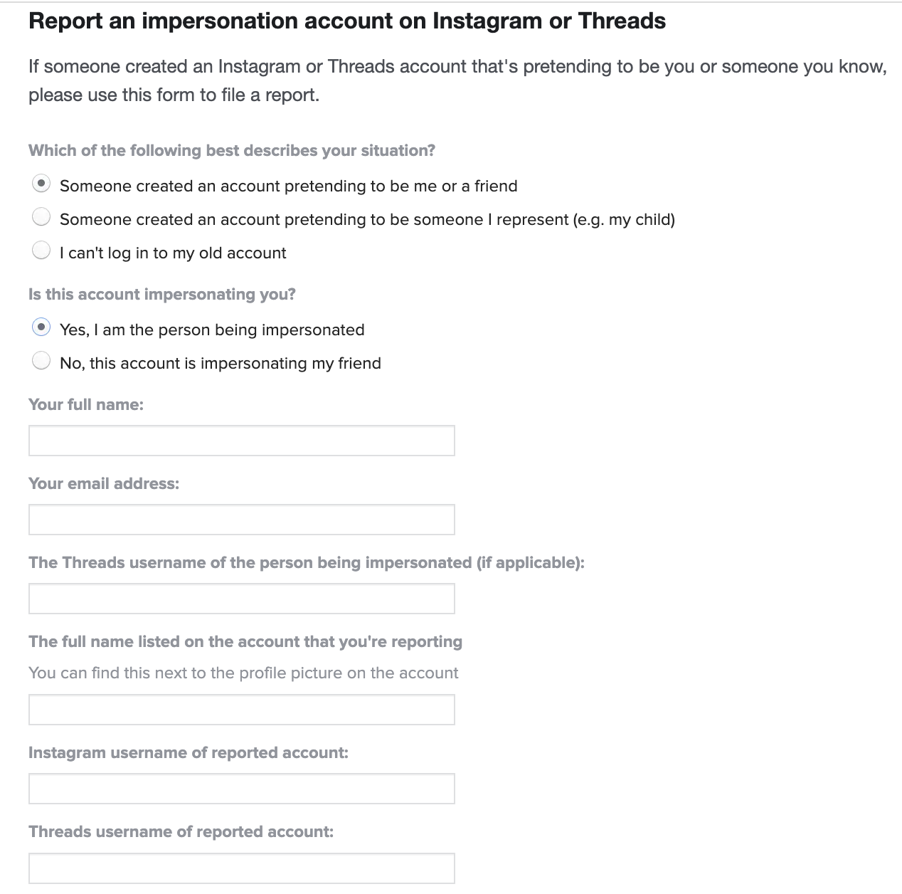 Screenshot of the personal details section of the Instagram impersonation report form.
