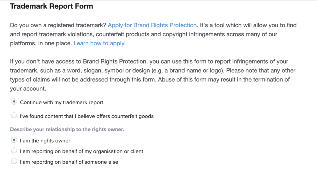 Screenshot of the first section of the Instagram trademark report form.