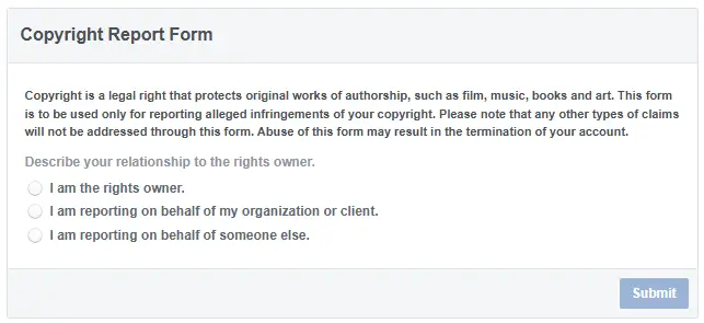 Screenshot of Facebook’s copyright report form, asking users to specify their relationship to the rights owner, such as being the owner, representing an organization, or acting on behalf of someone else.