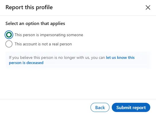 Screenshot of LinkedIn profile reporting submission