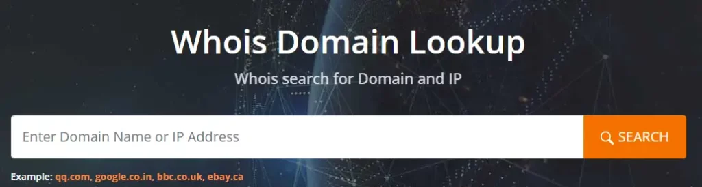 Screenshot: Domain name search bar on the Whois homepage.