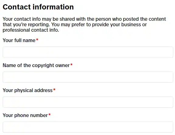 Screenshot: contact information section on TikTok’s copyright report form.