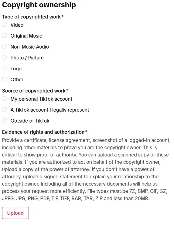 Screenshot: copyright ownership section on TikTok’s copyright report form.