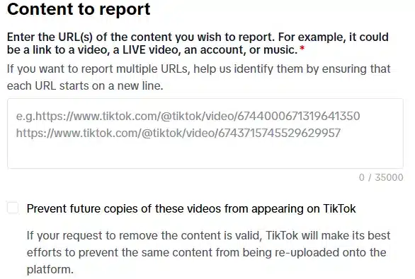 Screenshot: content to report section on TikTok’s copyright report form.