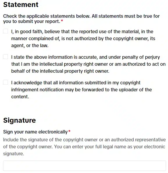 Screenshot: statement and signature section on TikTok’s copyright report form.