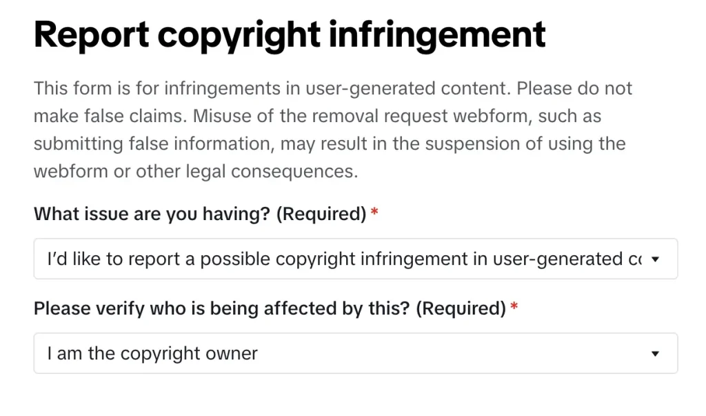 Screenshot of initial section of TikTok's copyright report form