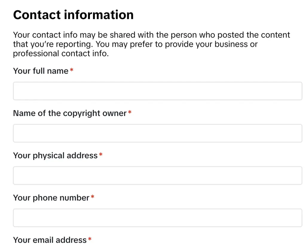 Screenshot of contact information section of TikTok's copyright infringement report form