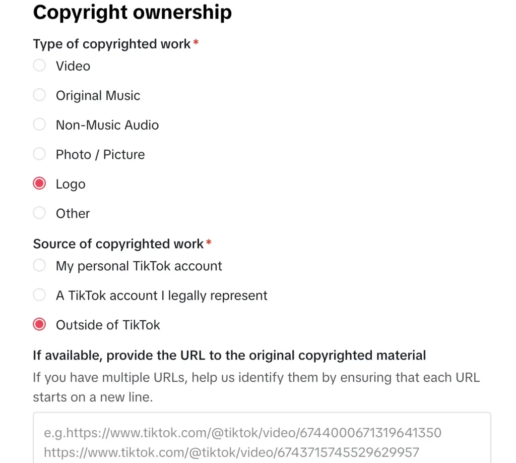 Screenshot of copyright type and source information on TikTok's IP report form