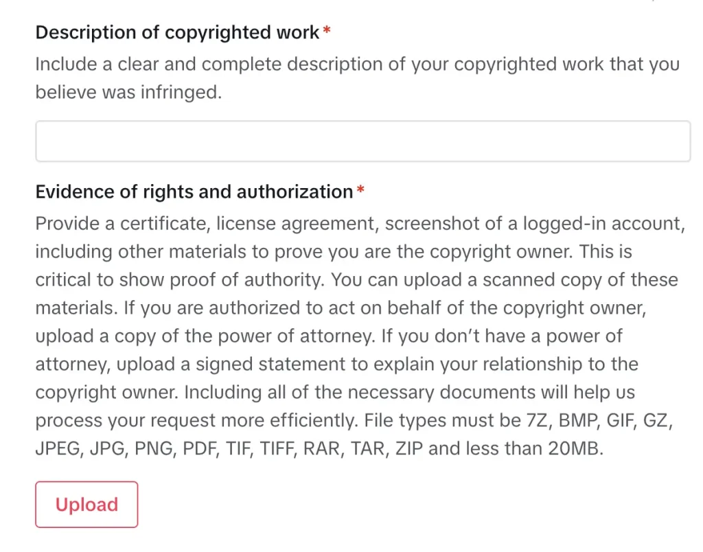 Screenshot of the copyright documentation section of TikTok's infringement report form