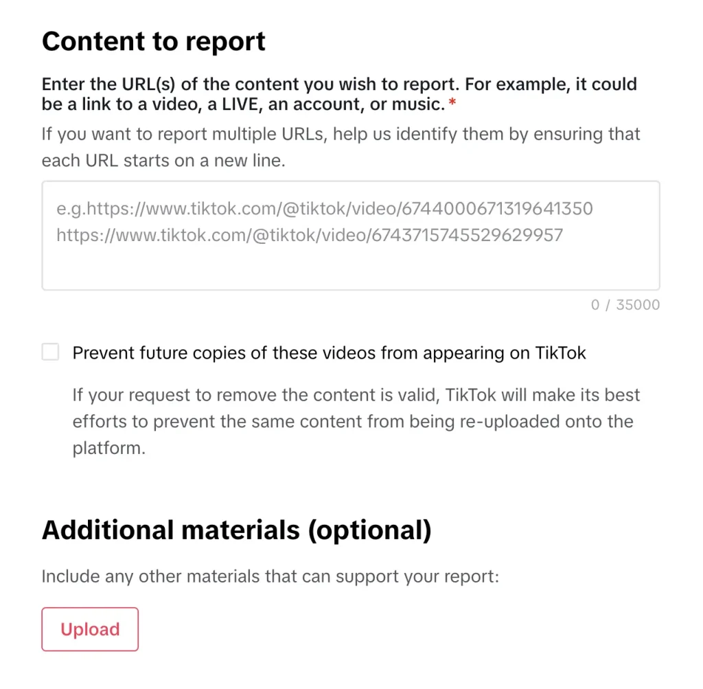 Screenshot of TikTok's copyright infringement form showing the content to report section