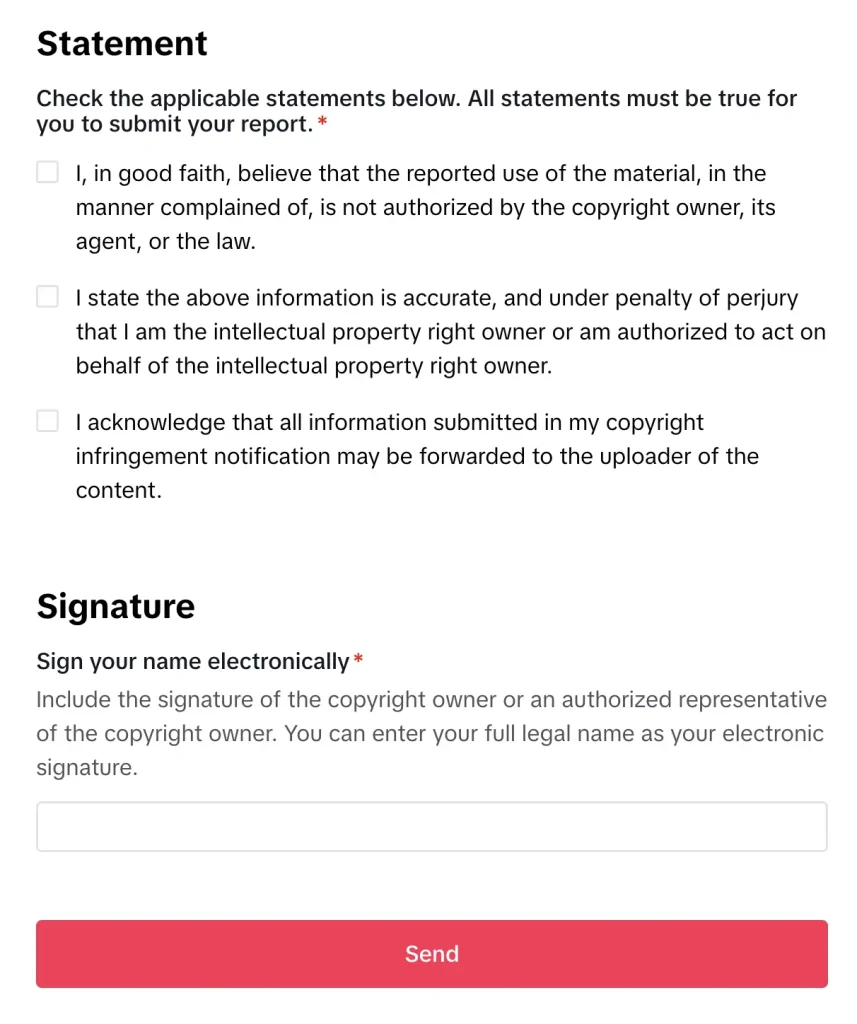 Screenshot of signature section of TikTok's copyright infringement form