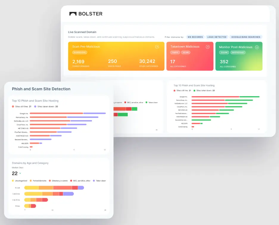 Screenshot of Bolster dashboard for phishing and scam site detection