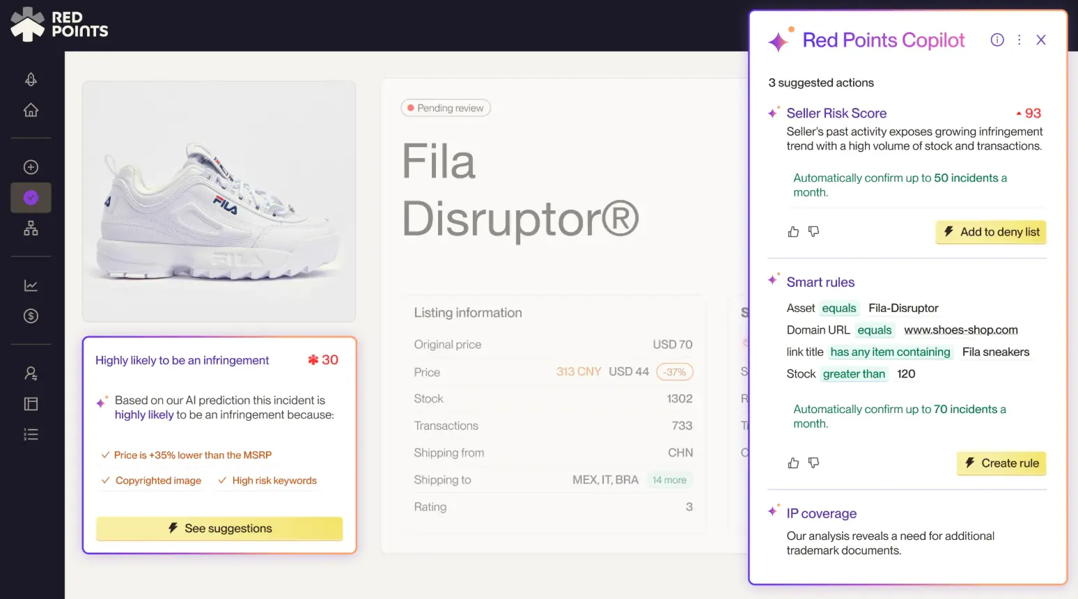 Screenshot of Red Points dashboard showing an infringement and AI suggestions