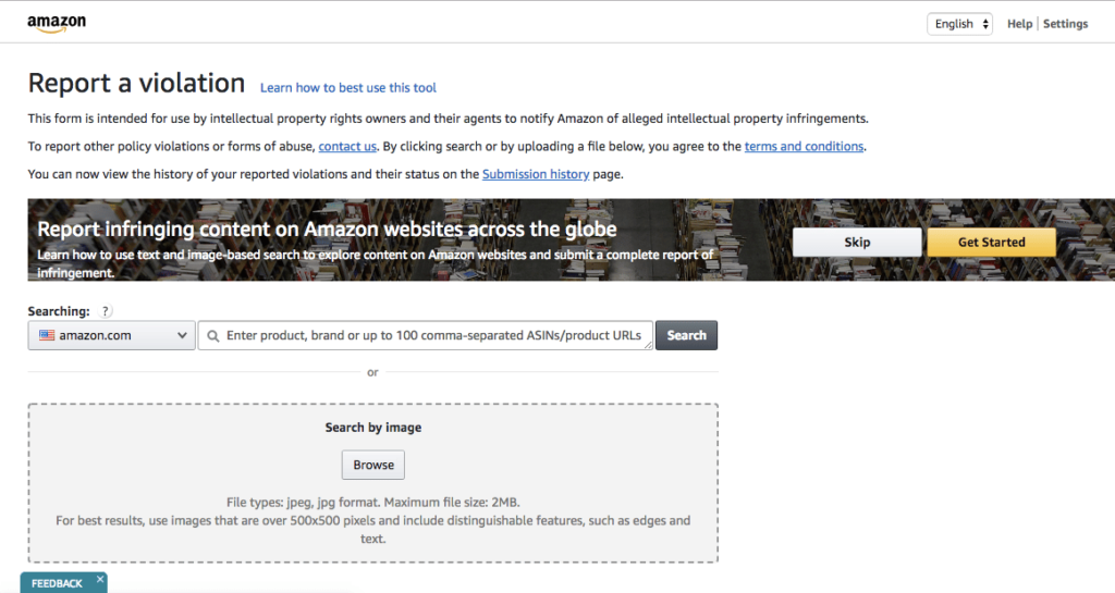 Screenshot of Amazon Brand Registry’s “Report a Violation” tool showing search fields for ASINs, product URLs, and image upload options used to report intellectual property infringement.