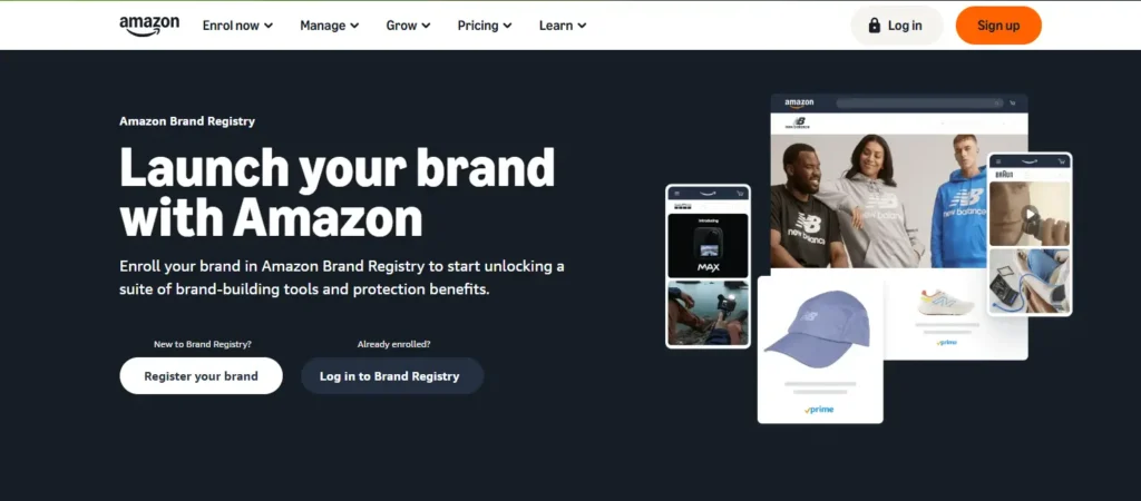Screenshot of the Amazon Brand Registry homepage showing the “Launch your brand with Amazon” headline, registration button, and login access for trademark owners enrolling in Brand Registry protection tools.