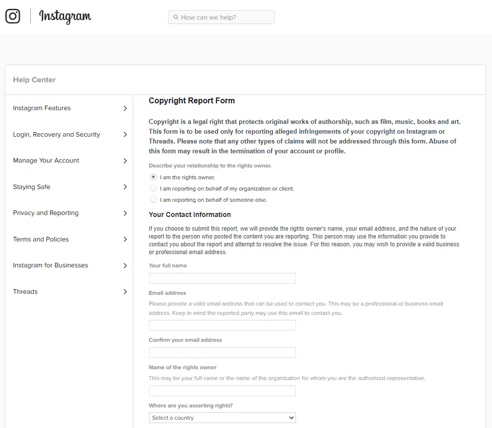 Screenshot of Instagram's copyright report form