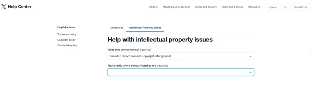 Screenshot of X's copyright report form