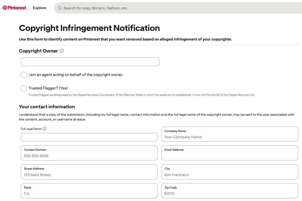 Screenshot of Pinterest's copyright infringement notification form