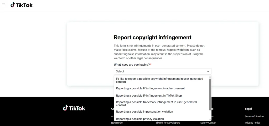 Screenshot of TikTok's copyright report form